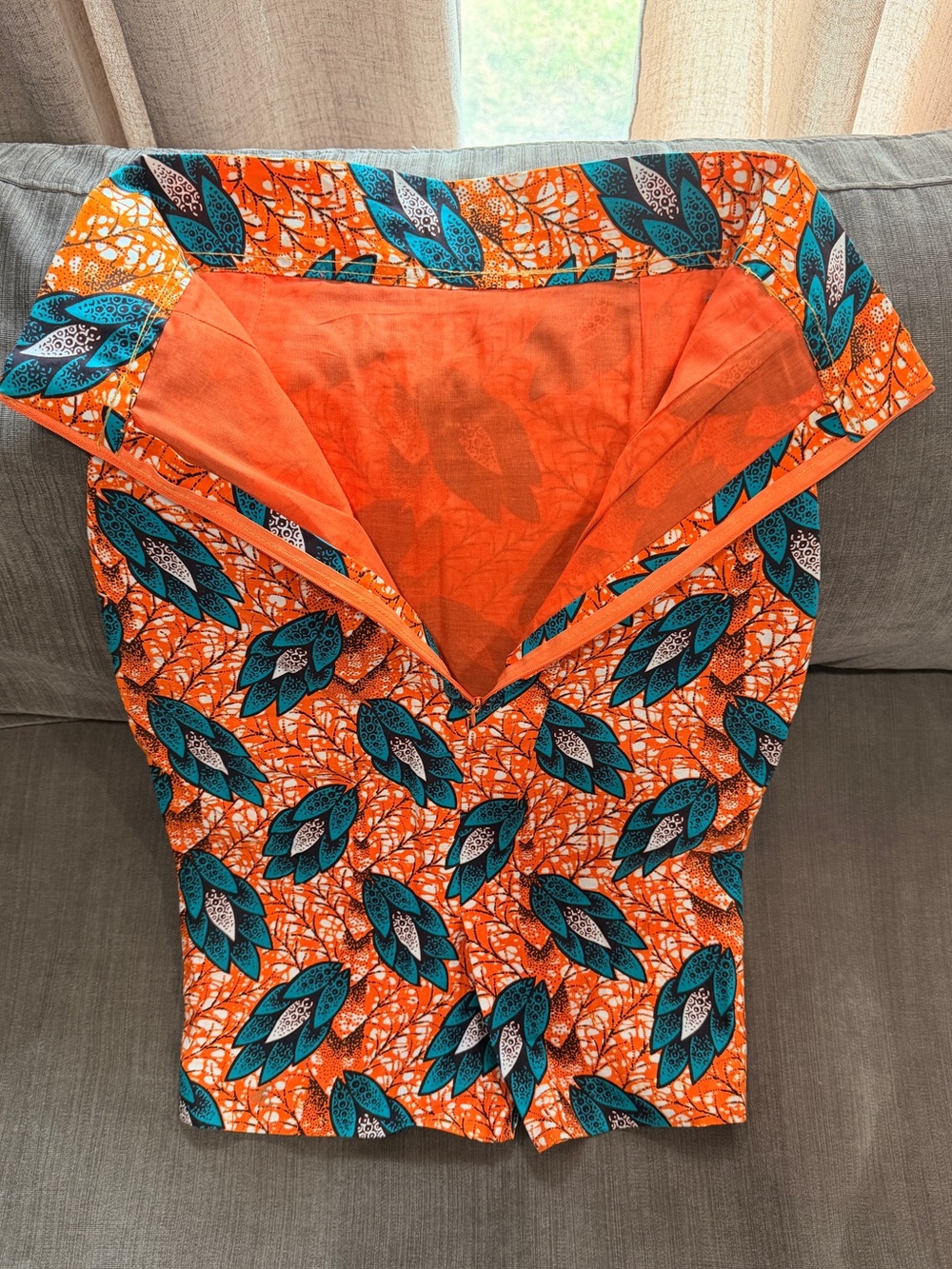 Handmade Ghanaian Wax Print Pencil Skirt | Bright Orange & Teal | Small - Picture 3 of 6